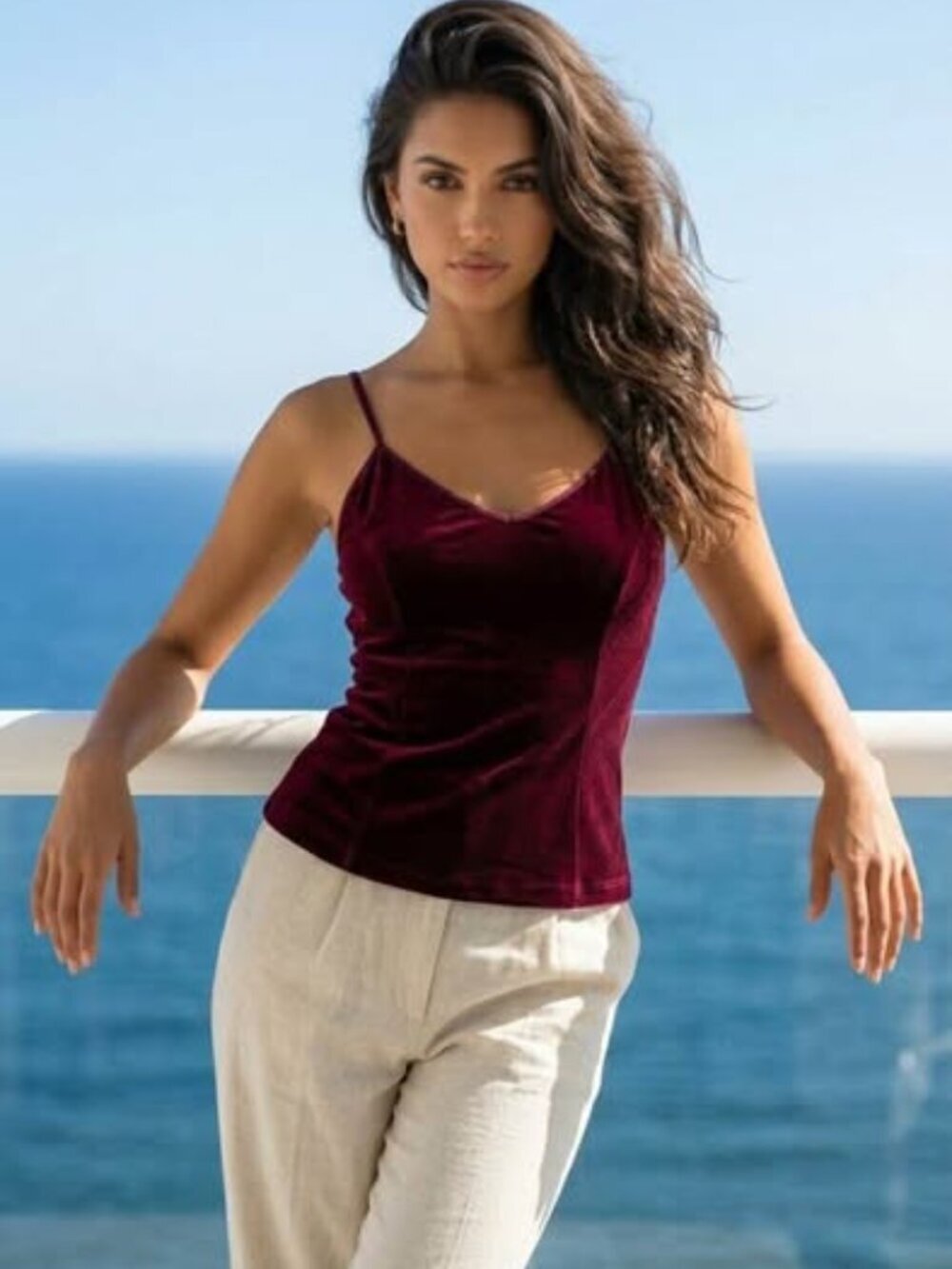 Women's Burgundy Velvet Cami Tank Top Stretch Sleeveless Size M